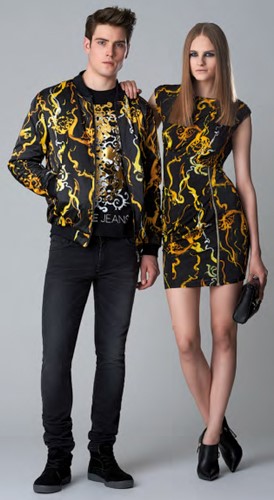 Versace Jeans Smoke Print Collection On Him Bomber Jacket Printed Tee Slimfit Denim On Her Cotton Zipped Dress